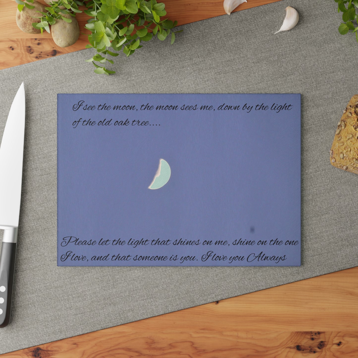 "I see the moon, the moon sees me....I love you" Glass Cutting Board